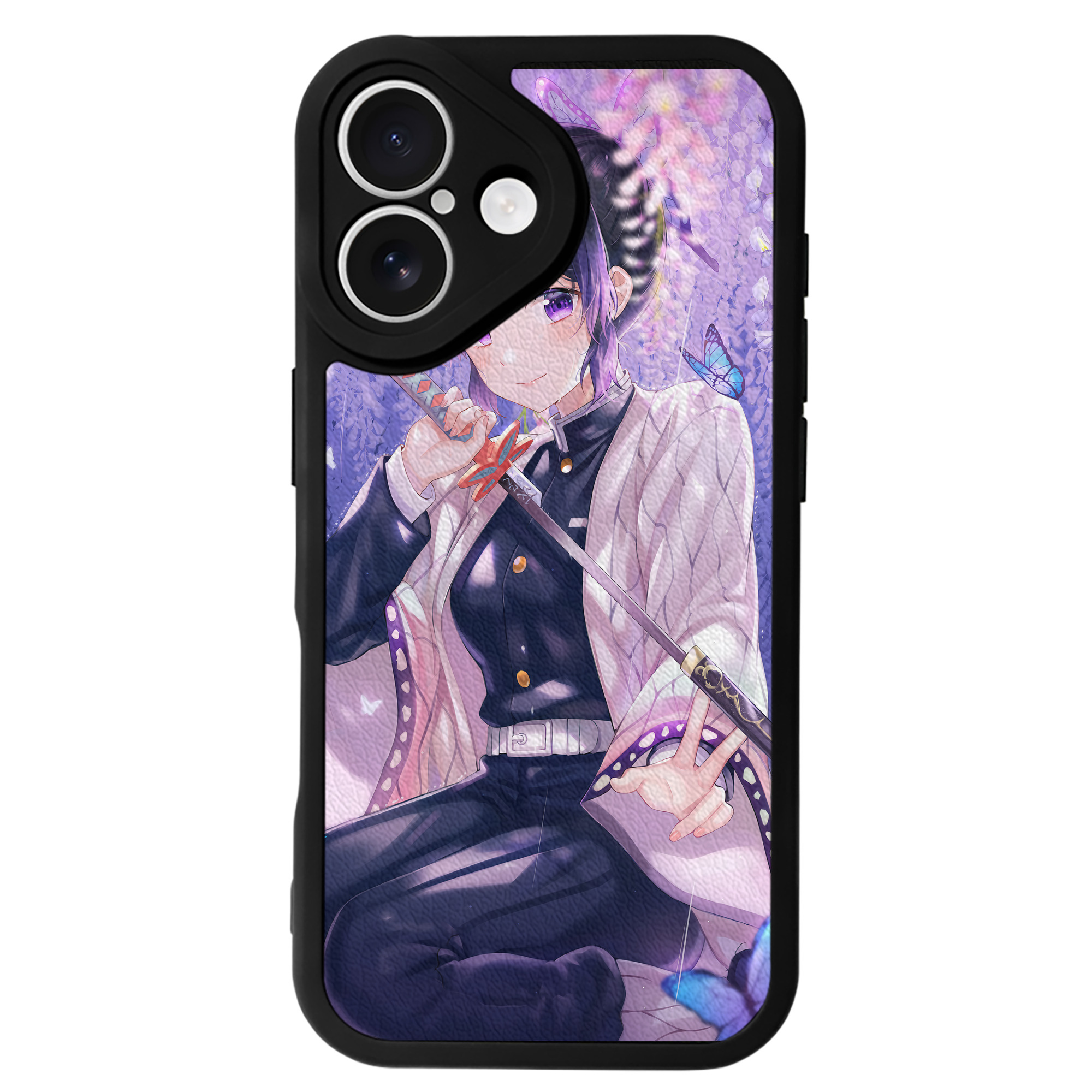 （画像用） 鬼滅の刃（きめつのやいば）蟲柱-胡蝶 しのぶ／こちょう しのぶ Kochou Shinobu 【iPhone 16シリーズ対応】シリコンスマホケース（レザー調） 材質：シリコン